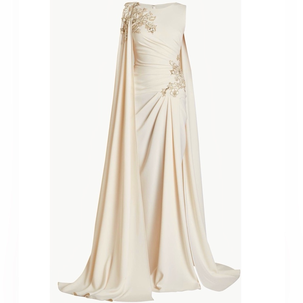 Zuhair Murad Embroidered Cady Cape Gown Embellished Gathered Maxi Dress
